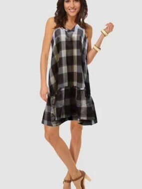 Laga Marron Mini Dress Plaid Check Printed V Neck Sleeveless XS
